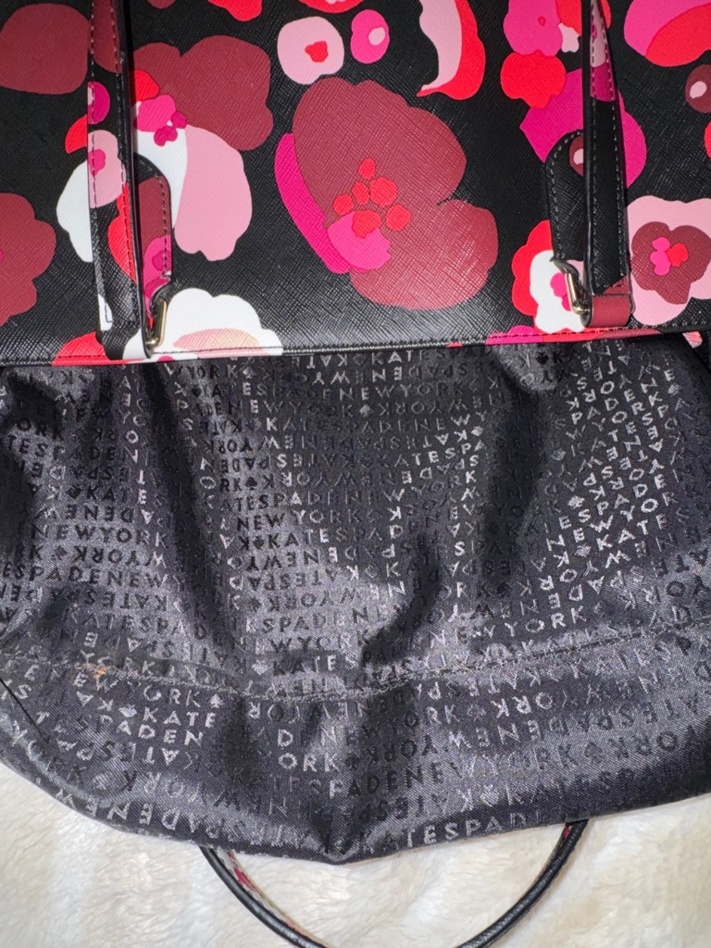 kate spade Black Floral Tote Bag with Pink and Red Accents - Picture 9 of 13